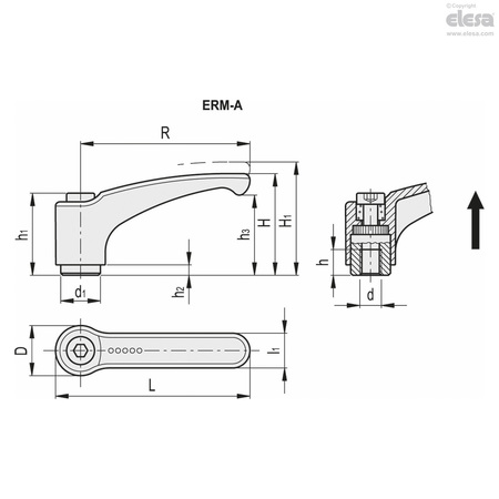 Elesa Black-oxide steel clamping element, threaded hole, ERM.78-5/16-18-C2 ERM-A (inch sizes)